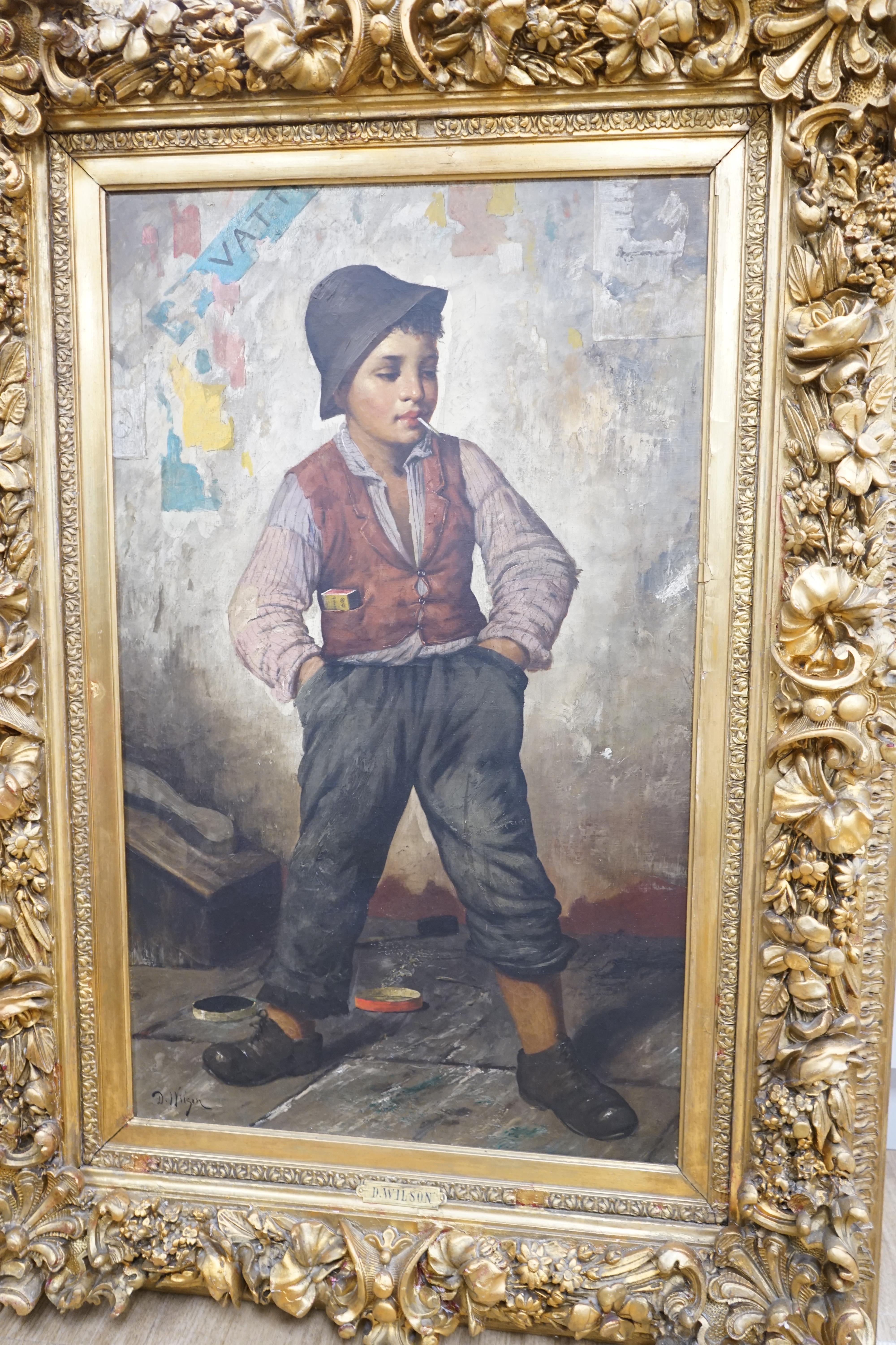 D. Wilson (19th C.), oil on canvas, Full length study of a boy smoking, signed, applied plaque to the frame, 79 x 48cm, ornate gilt framed. Condition - fair, losses to the frame